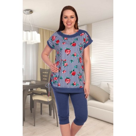 Костюм домашний женский "1431" кулирка с лайкрой (розы, цвет синий)