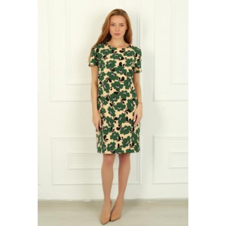 Платье женское "Марлин" креп (цветы зеленые, цвет бежевый)