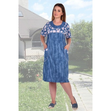 Платье женское "Бузина" кулирка (джинс, розовые цветы, цвет синий)
