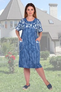 Платье женское "Бузина" кулирка (джинс, белые цветы, цвет синий)