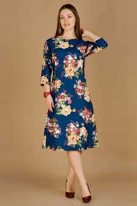 Платье женское "П401" трикотаж (цветы, цвет синий)