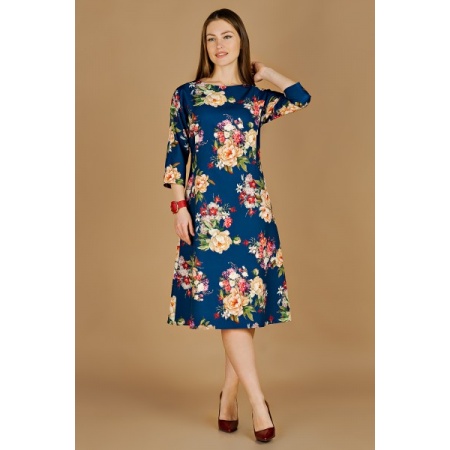 Платье женское "П401" трикотаж (цветы, цвет синий)
