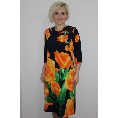 Платье женское "П1134" масло (оранжевые розы, цвет черный)