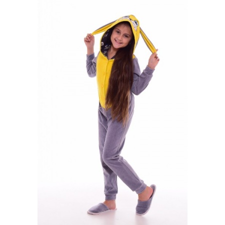 Пижама детская кигуруми "7-227" велюр (цвет серый, желтый)