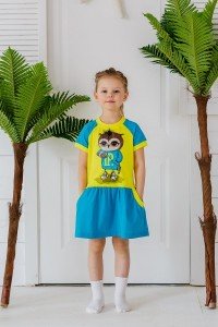 Платье детское "Сова П-414" кулирка (цвет голубой, желтый)